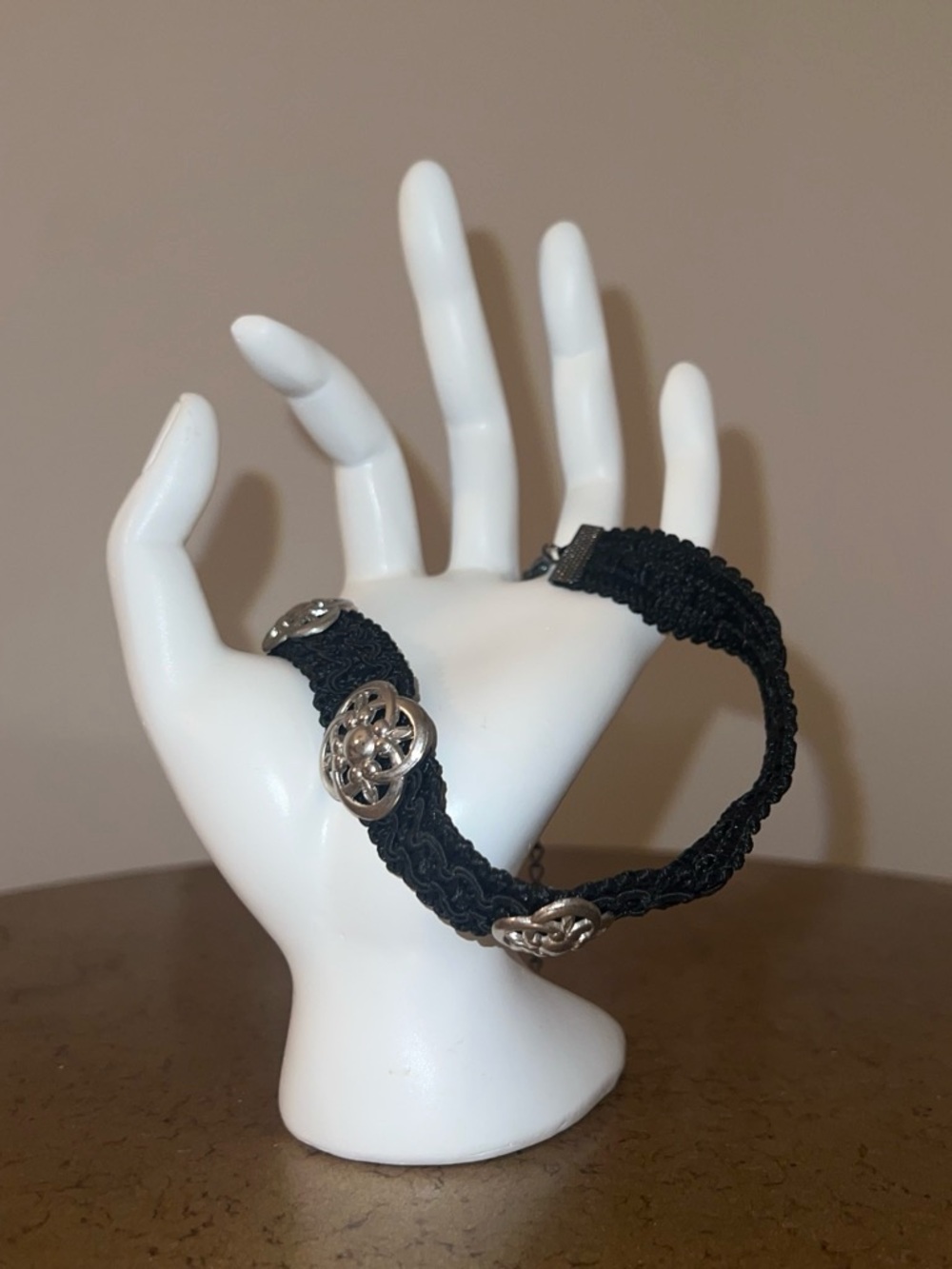 Black Braided Cord Bracelet with Silver Floral Accents